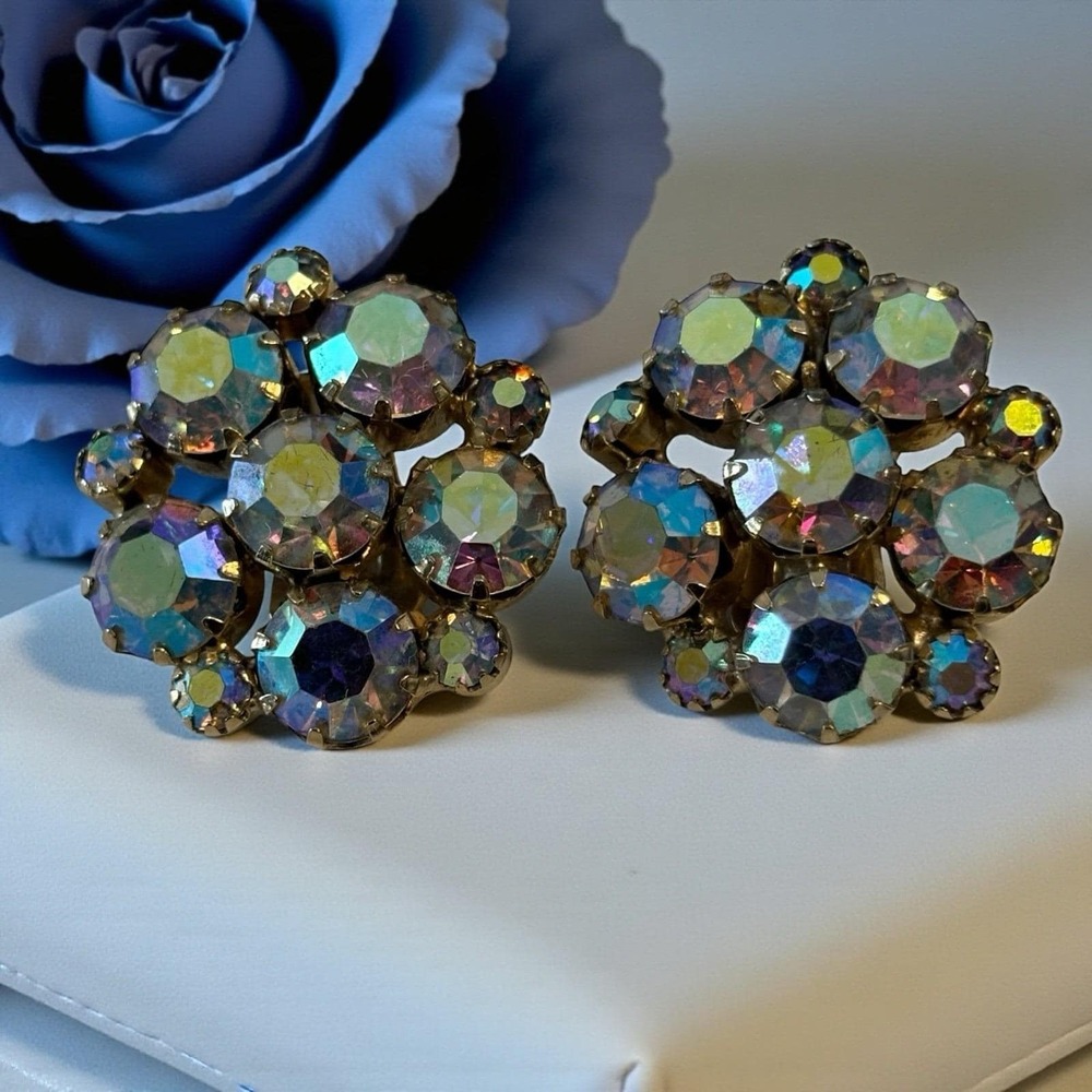 Aurora Borealis Cluster Earrings AB Prong Set Clip On Gold Tone Vintage‎ Glam